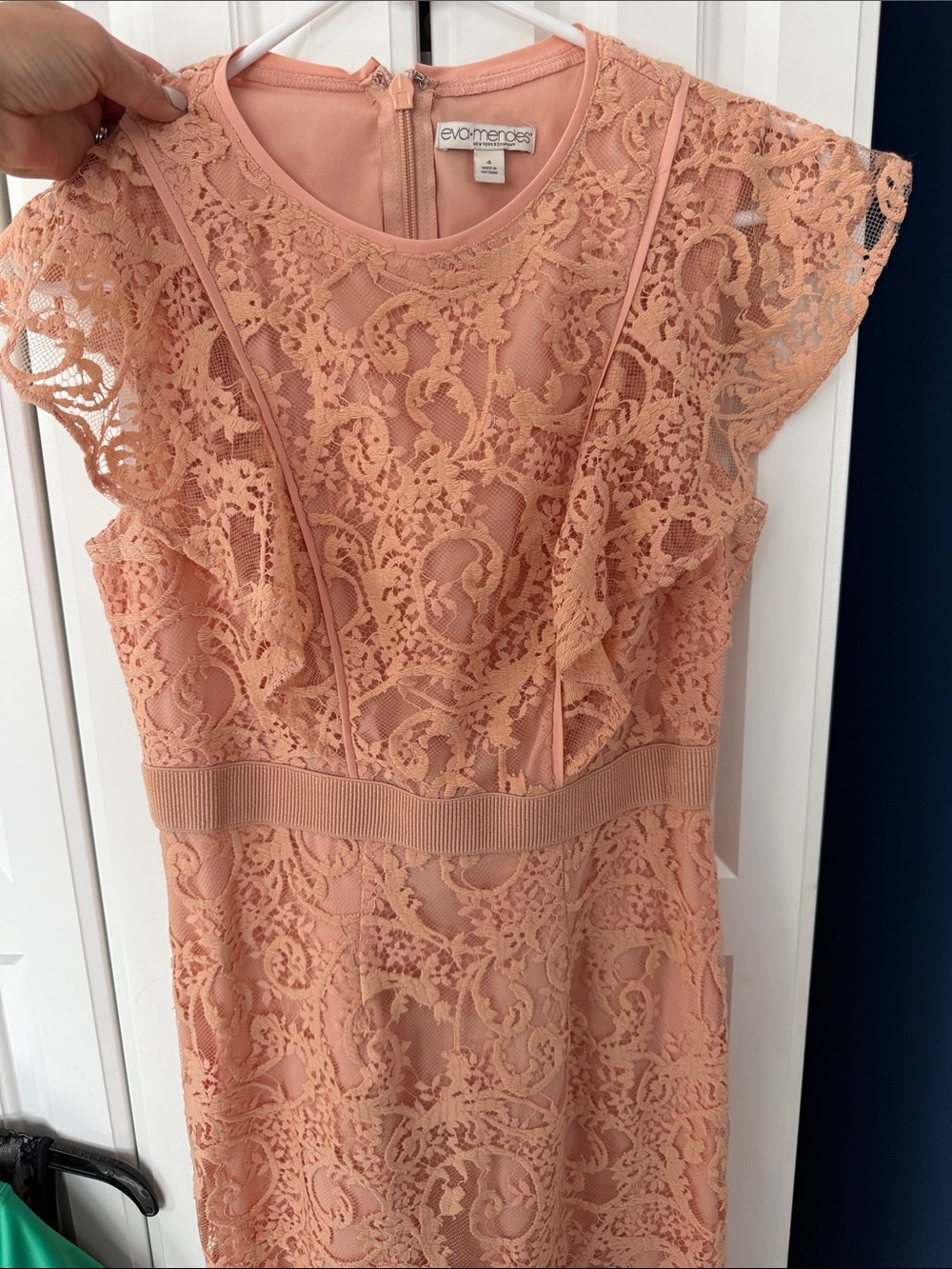eva mendes for New York & Company Peach Lace Midi Dress with Cap Sleeves